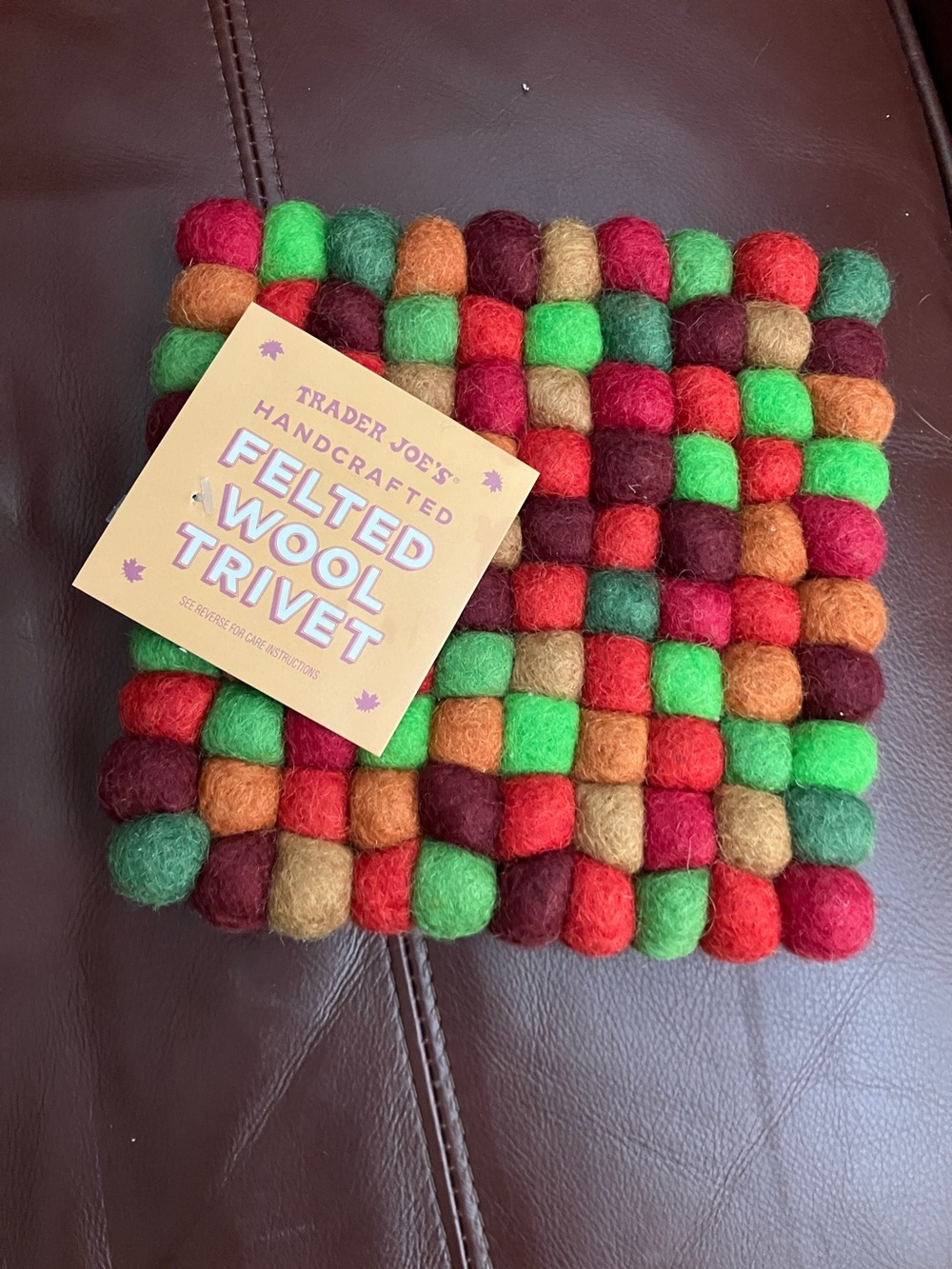 Trader Joe’s handcrafted felted wool trivet Nepal fall winter